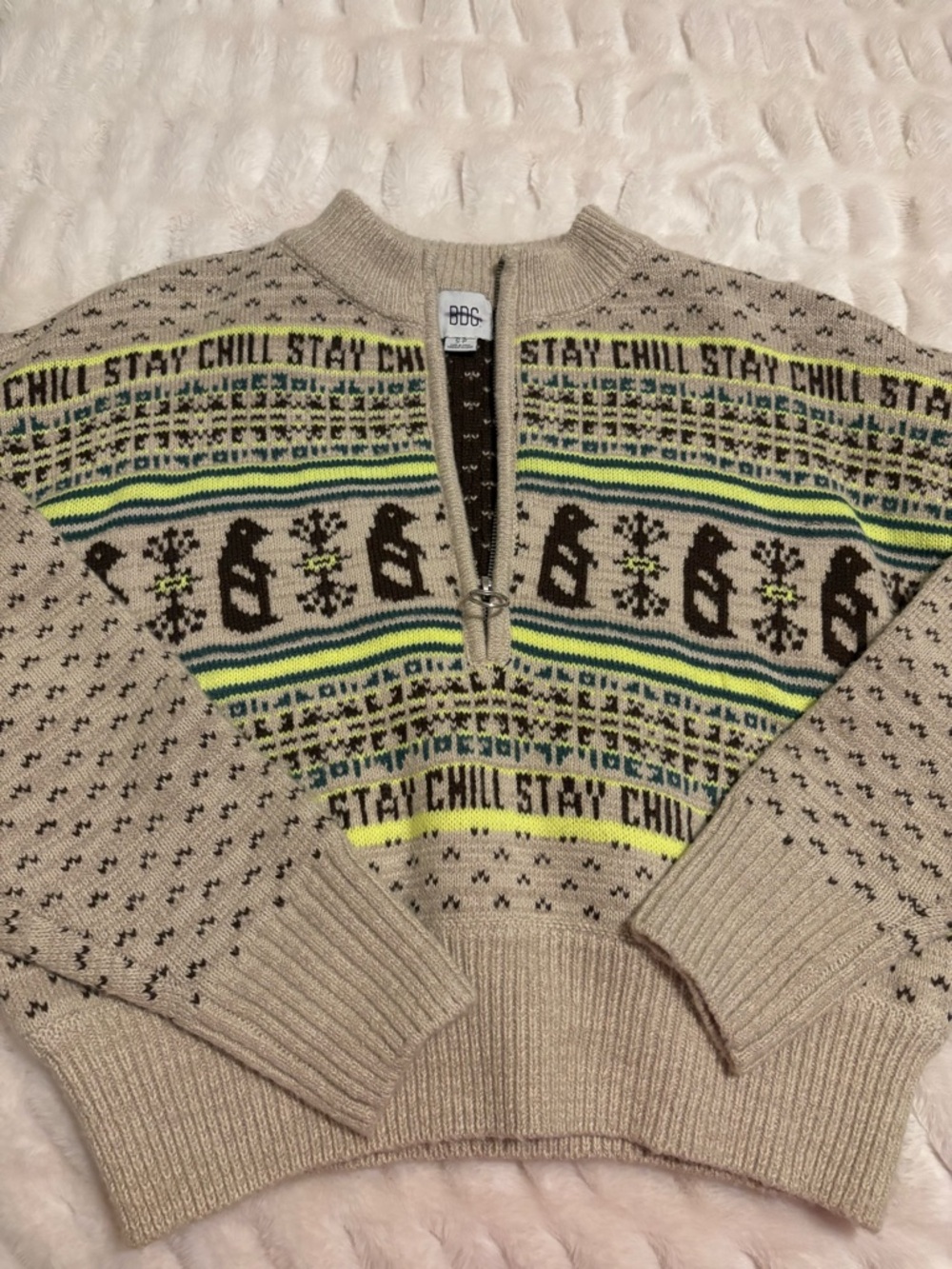 BDG Beige Zip-Up Fair Isle Sweater with Yellow & Black Accents